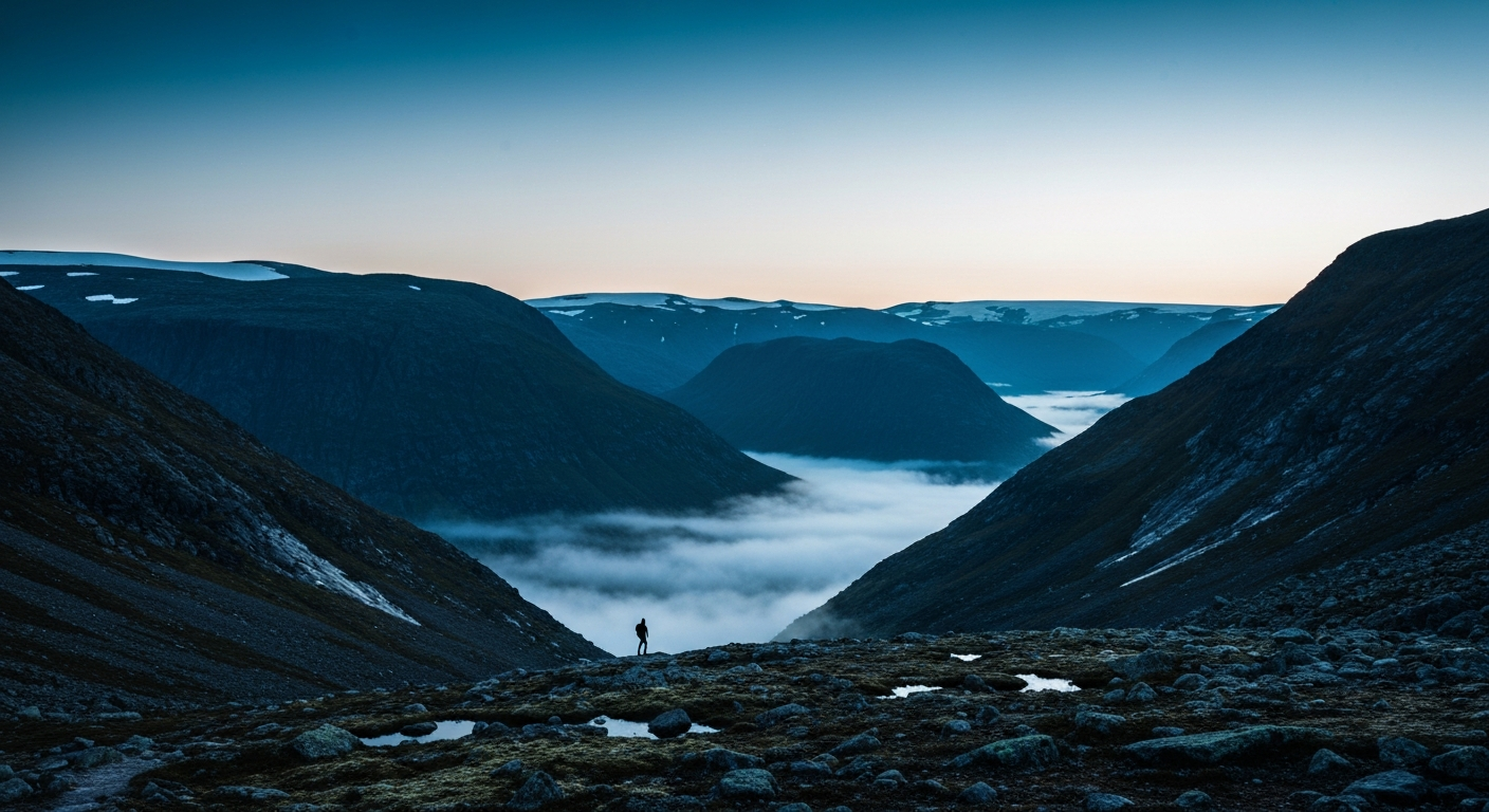 Vallée alpine à l'aube, brume sur les flancs, ligne d'horizon cobalt