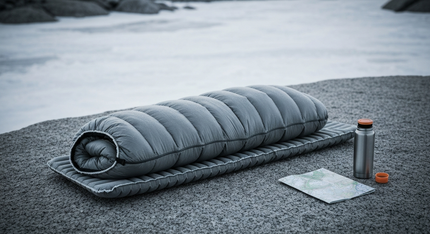 Sac de couchage déployé sur dalle de granite au lever du jour