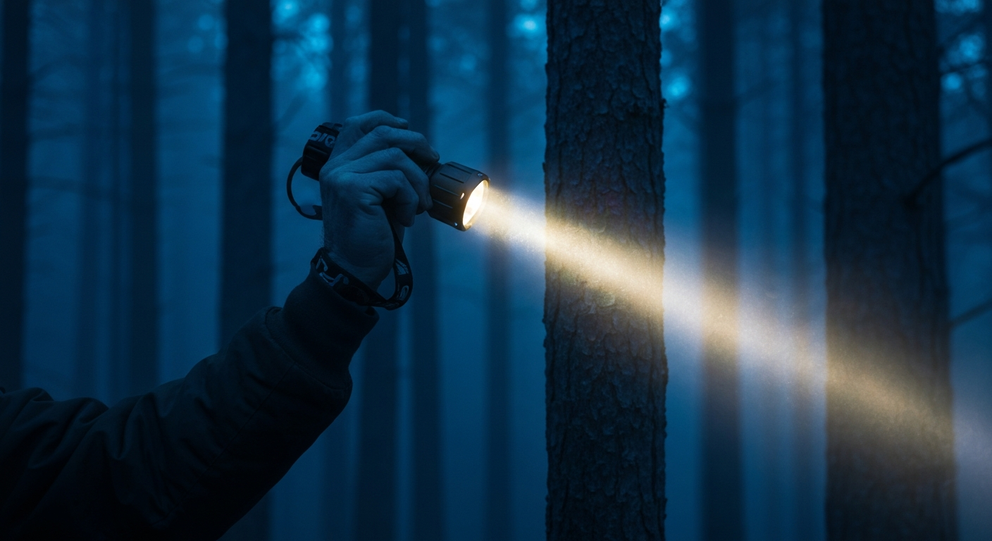 Frontale projetant un faisceau dans une forêt sombre