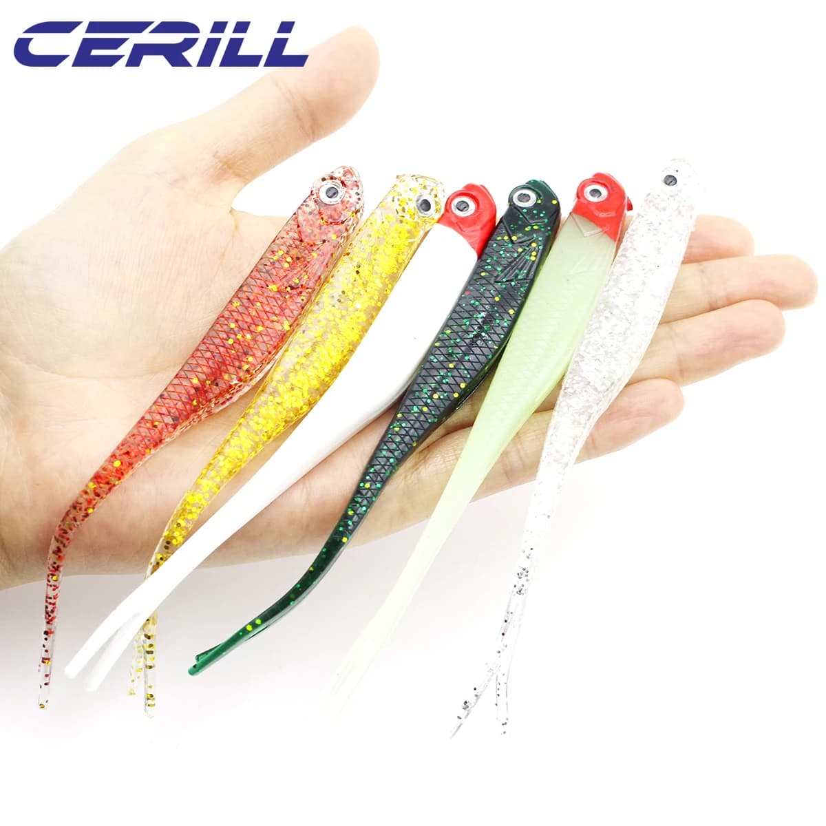 Cerill 5 pièces 13 cm Shiner 3D yeux doux leurre de pêche fourche queue artificielle ver appât lueur