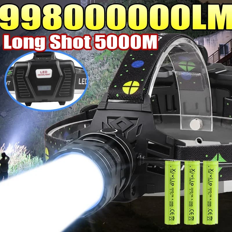 NOUVEAU 998000000LM Phare LED haute puissance Ultra lumineux Lampe frontale longue portée 5000M Lamp