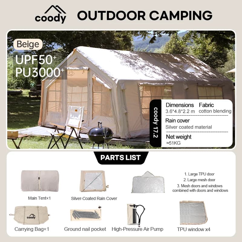 Tente pneumatique 17,2 mètres carrés tente gonflable coody tente de camping en plein air