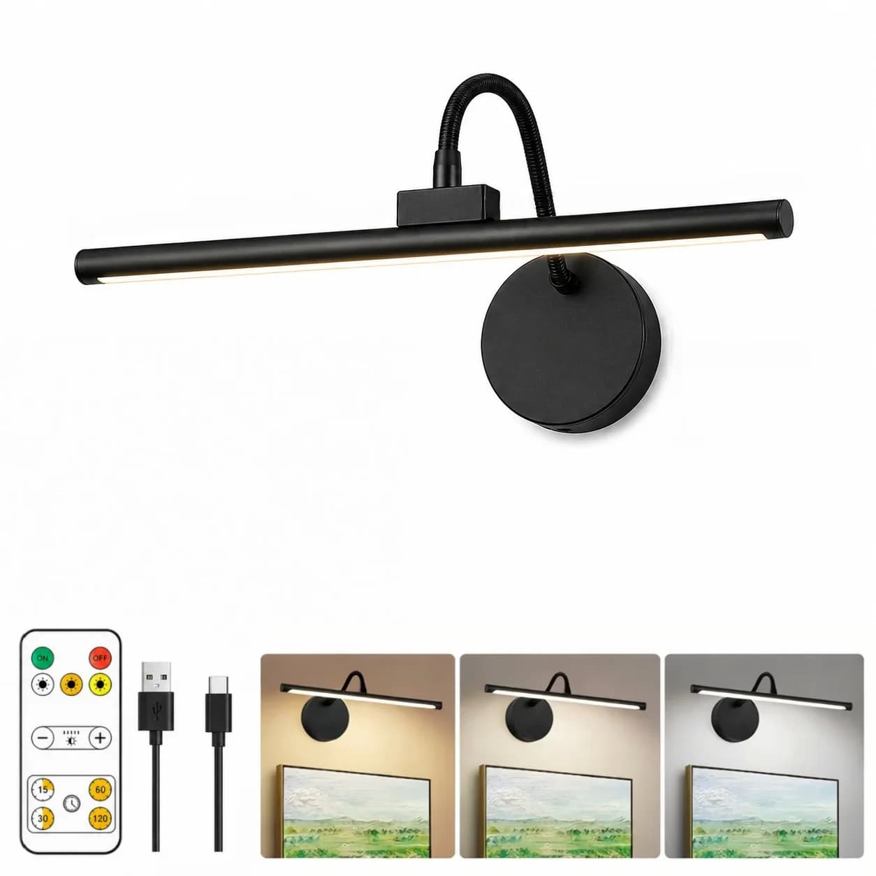 Lampe à LED sans fil pour tableau avec télécommande, 360° °   Lampe murale magnétique réglable, rech