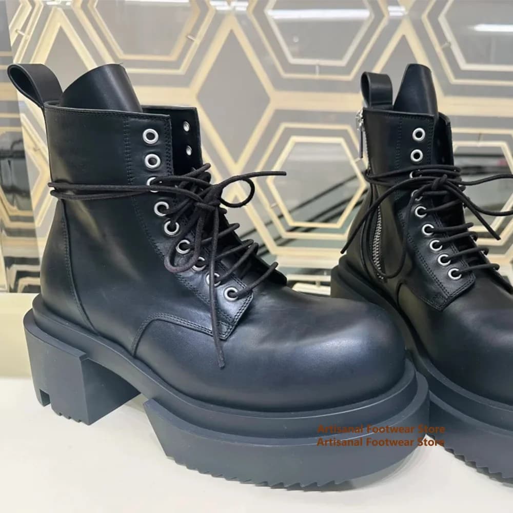Bottes montantes à semelles épaisses pour hommes, bottines à lacets en cuir véritable, chaussures de