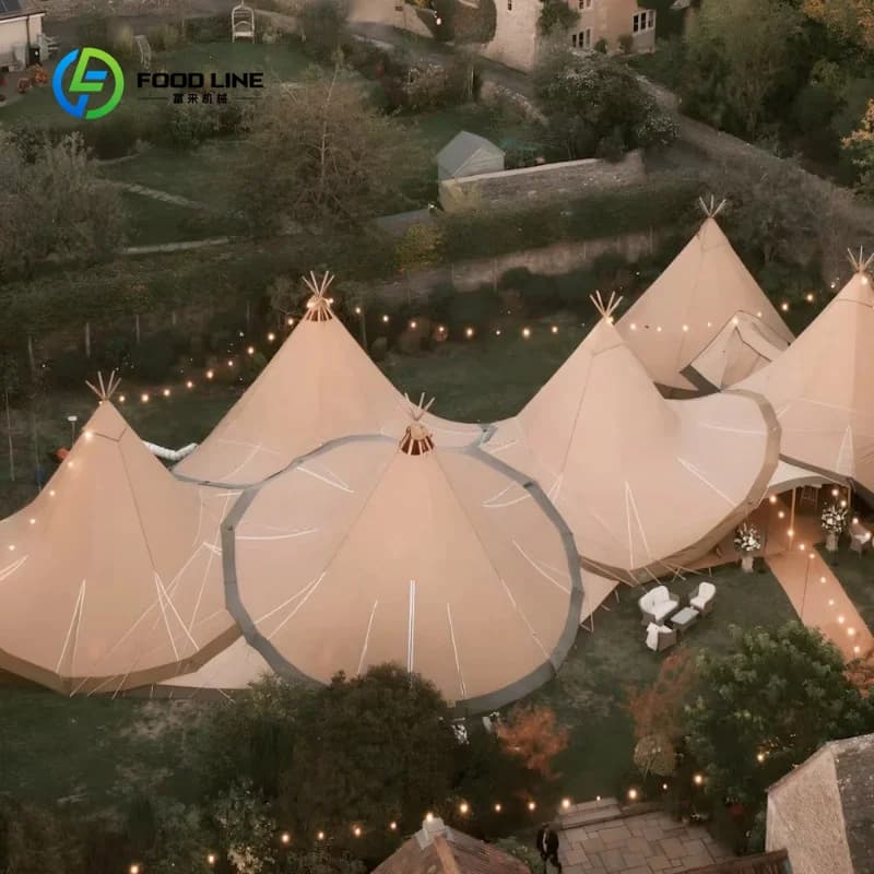 Tente de glamping de luxe sur mesure en bois, type tipi, pour mariages et événements en plein air
