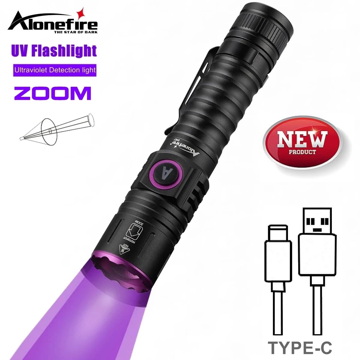 Zoom UV lampe de poche LED 365 395nm type-c charge marqueur d'encre Invisible chat chien Urine Tinea