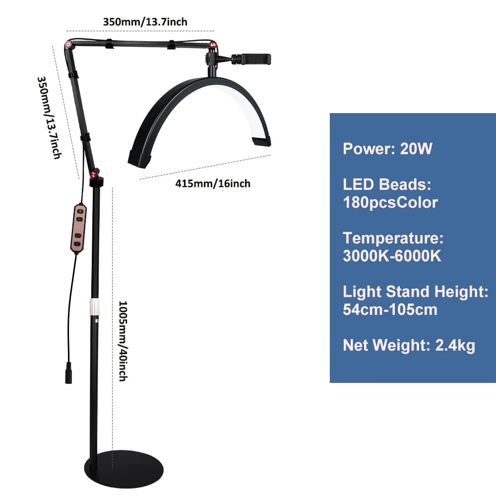 Lampe LED demi-lune 180 LED pour extensions de cils, tatoueurs et esthéticiennes, avec support de té