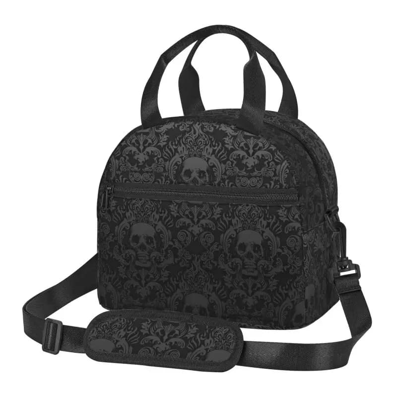 Sac à déjeuner isolé gothique damassé crâne noir, boîte à déjeuner unisexe avec bandoulière amovible