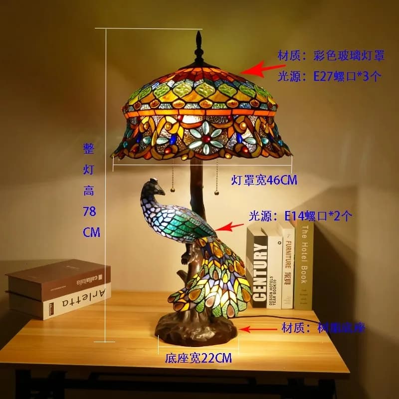 Tiffany américain rétro paon lampadaire Lotus salon étude verre coloré à la main abat-jour décor à l
