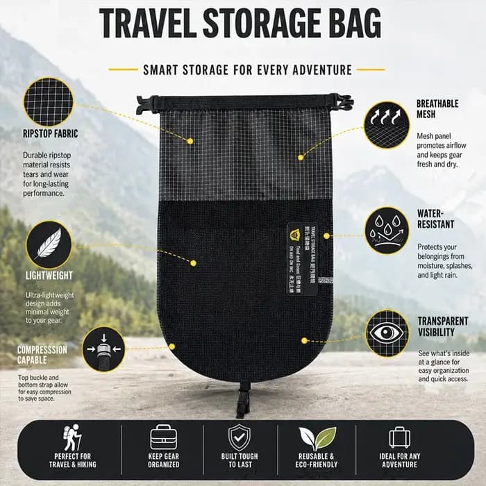 Sac à dos de randonnée avec poche externe pour chaussures, pochette de rangement en maille imperméable, sac d'expansion pour chaussures et équipement de camping, poche kangourou