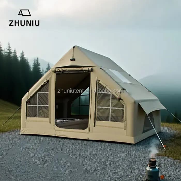 Tente de camping gonflable, tente pneumatique en toile de coton technique de 12,6 m² avec auvent éte