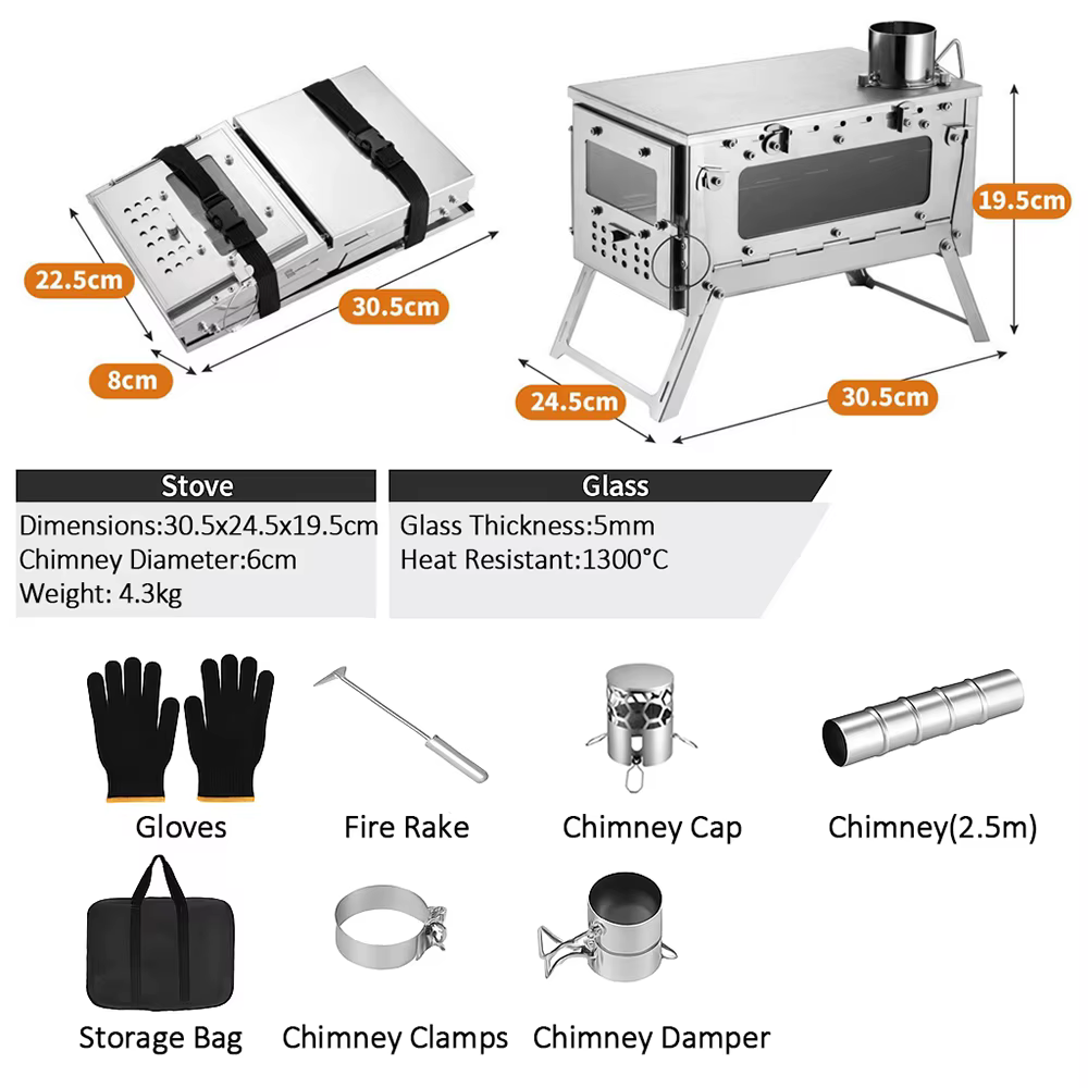 Poêle à barbecue pliant Camping poêle à bois pliable en acier inoxydable tente chauffage Portable cu
