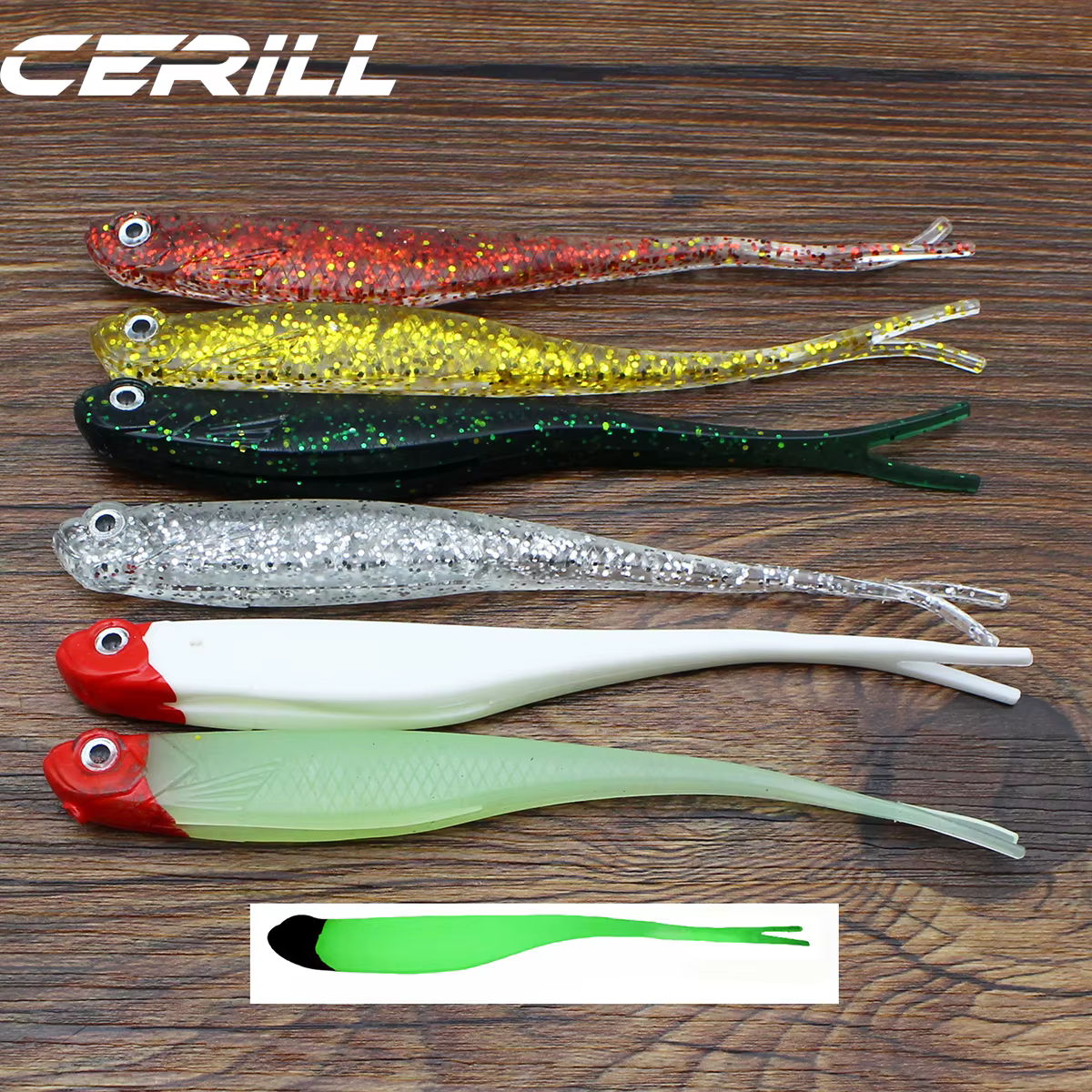 Cerill 5 pièces 13 cm Shiner 3D yeux doux leurre de pêche fourche queue artificielle ver appât lueur