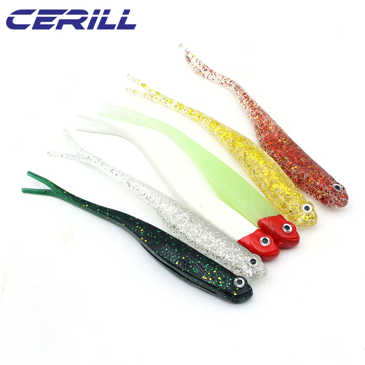 Cerill 5 pièces 13 cm Shiner 3D yeux doux leurre de pêche fourche queue artificielle ver appât lueur