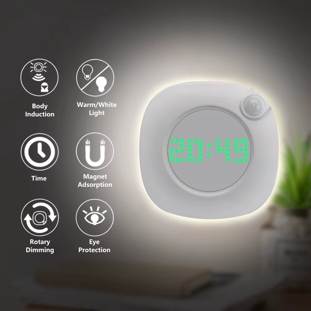 Lampe LED Rechargeable par USB, avec capteur de mouvement, horloge, lumière de chevet à intensité ré