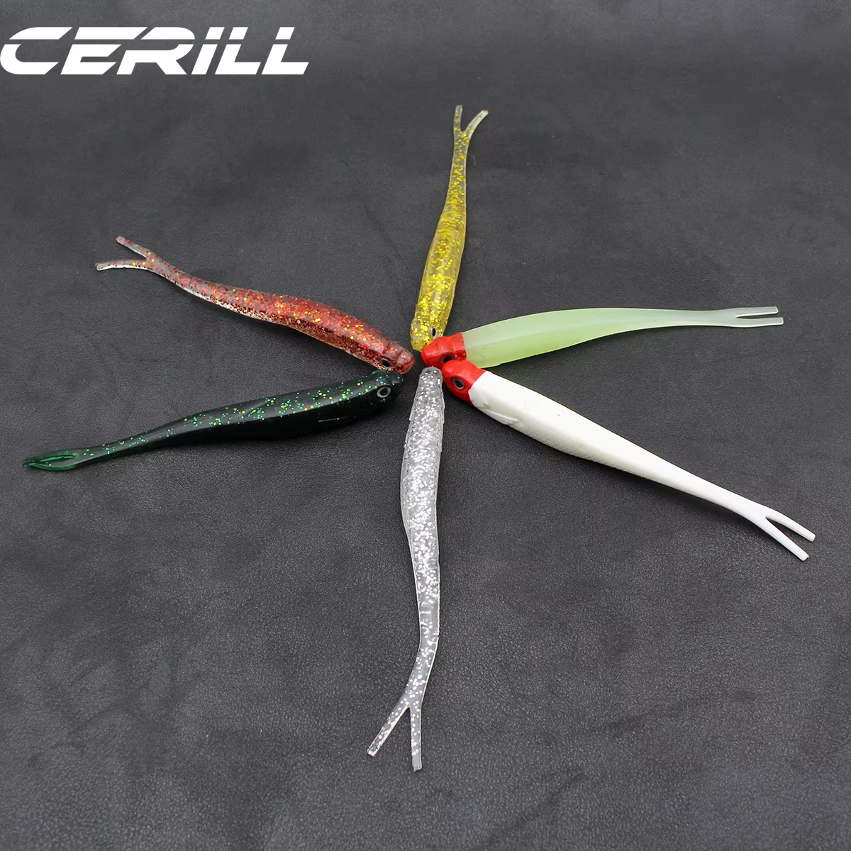 Cerill 5 pièces 13 cm Shiner 3D yeux doux leurre de pêche fourche queue artificielle ver appât lueur