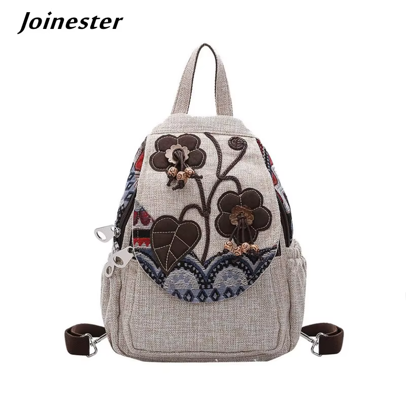 Sac à dos Vintage en tissu de coton pour femmes, sac à dos de loisirs léger avec appliques ethniques