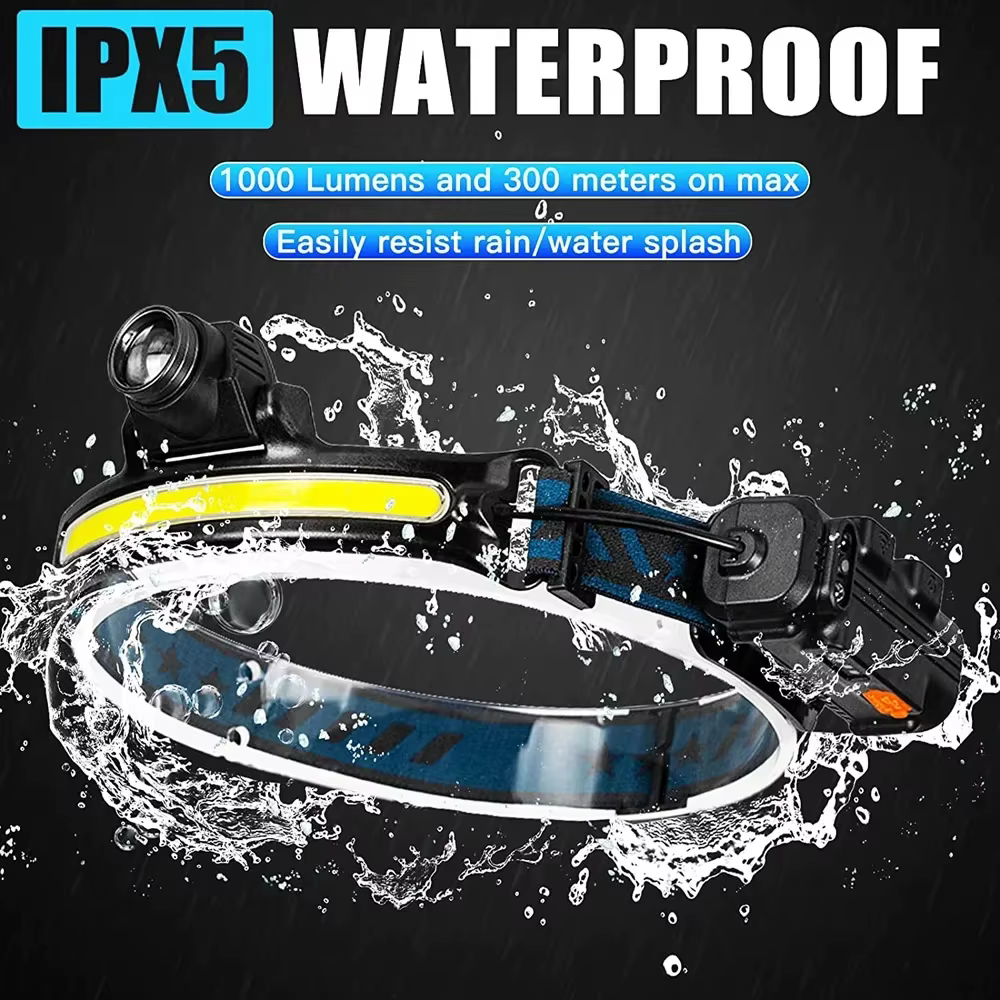 XPG + COB Zoom lampe frontale à Induction USB Rechargeable avec 18650 batterie intégrée LED lampe fr