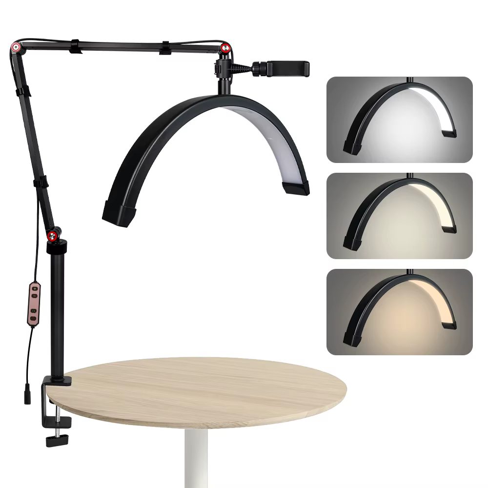 Lampe de bureau LED demi-lune 16 pouces avec support de téléphone et pince, 3 modes d'éclairage régl