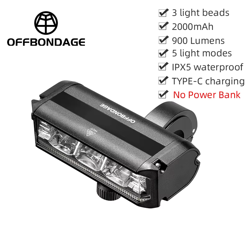 OFFBONDAGE – feu avant de vélo 2600 lumens, lampe de poche étanche 8000mAh, chargeur USB, accessoire