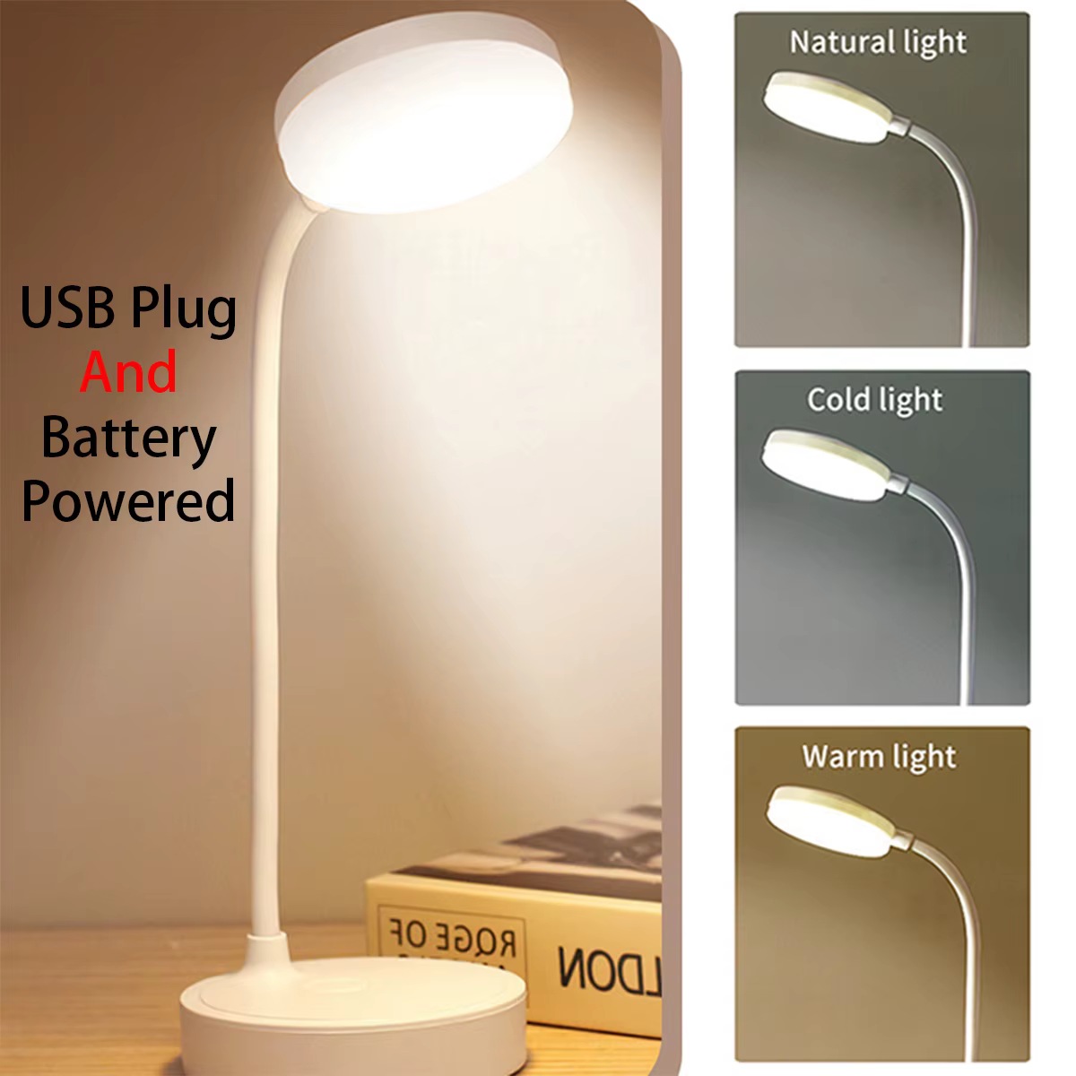 Lampe de bureau LED Portable prise USB alimentée par batterie Support de lampe de Table 3 couleurs g