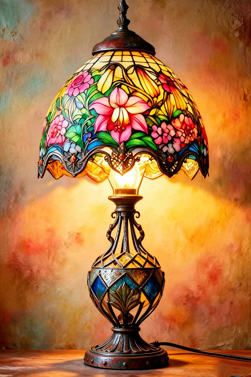 Panneau métallique décoratif style lampe Tiffany à motif floral vintage, impression artistique de la