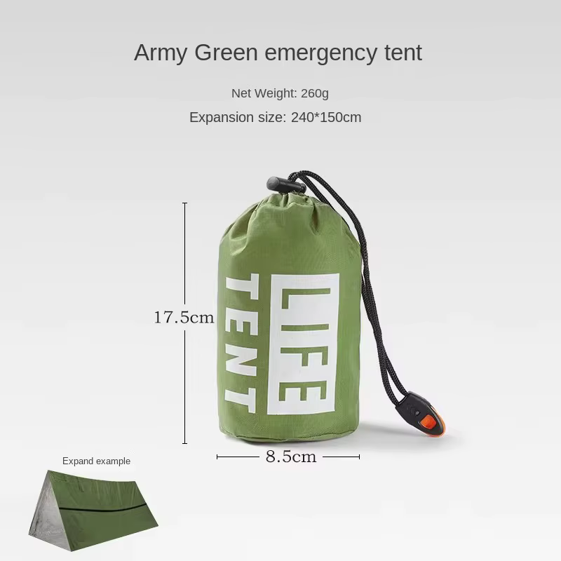 Kit de tente de survie d'urgence, tente tubulaire en Mylar, sac de couchage imperméable, couverture