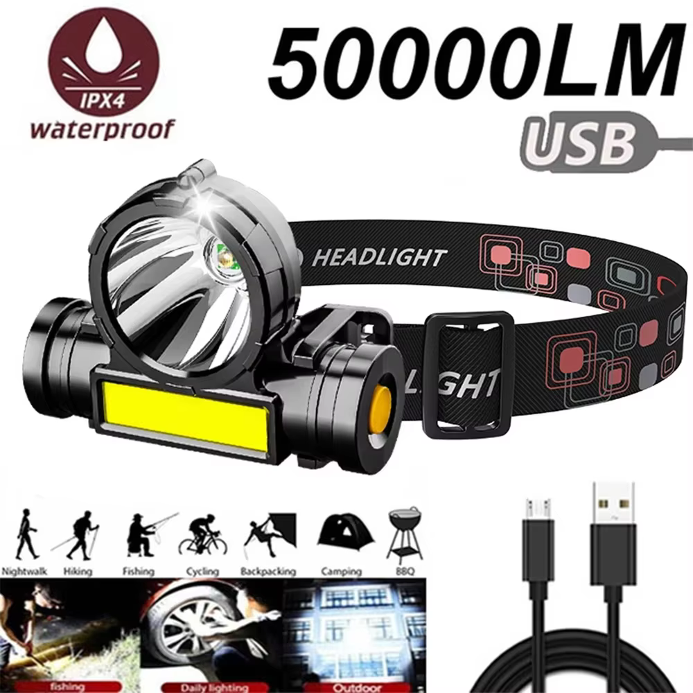 Lampe frontale LED puissante HOMEFISH, rechargeable par USB, lampe de poche étanche, lampe frontale 