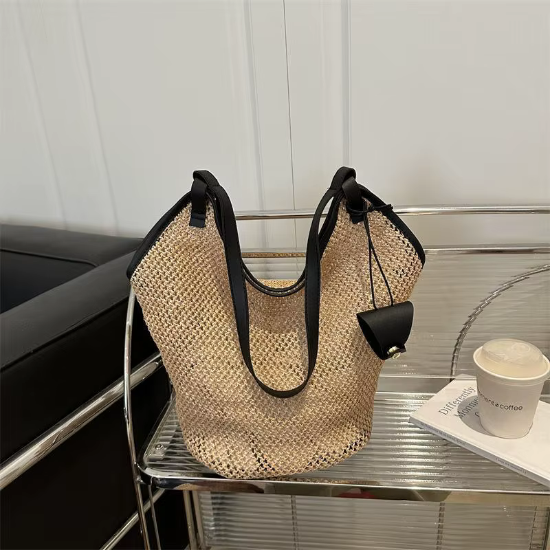 Sac en paille tressé ajouré, sac à bandoulière pour parent, sac fourre-tout avec clip pour lunettes 