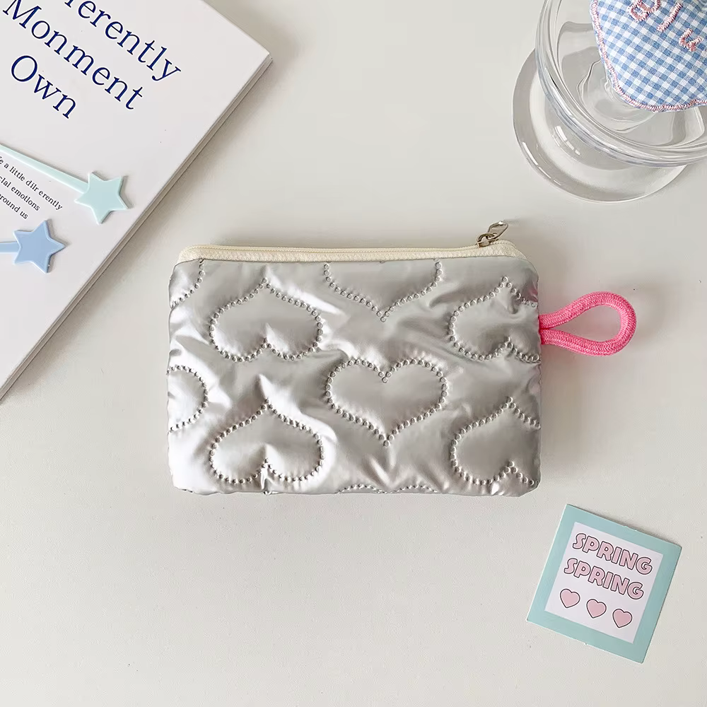 Mini trousse de maquillage brillante argentée pour femme, pochette à monnaie, porte-monnaie mignon, 
