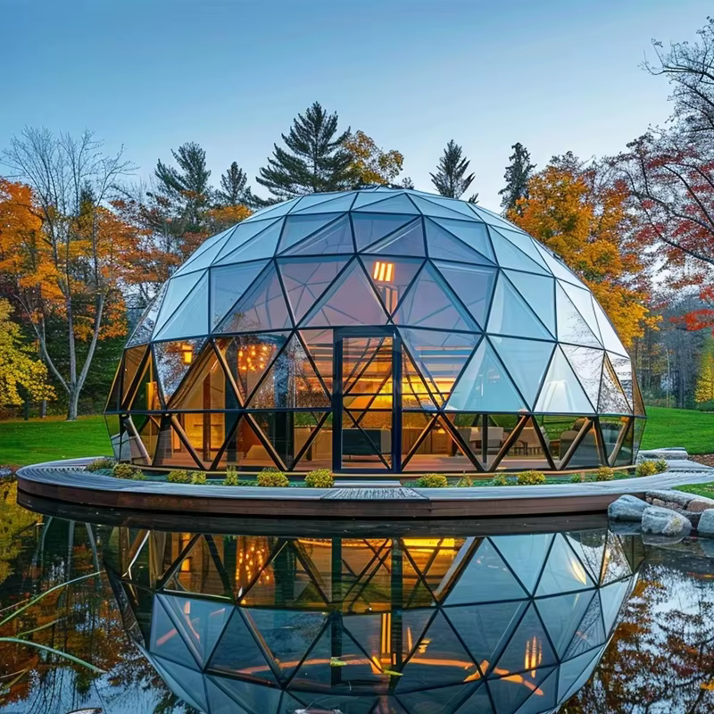 Dôme en verre pour hôtel, tente de glamping, cabane avec murs et portes en verre pour jardin, hôtel 