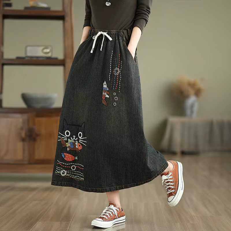 Jupes en jean pour femmes 2026, style rétro, broderie d'animaux de dessin animé, jupes mi-longues dé
