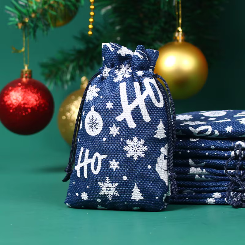 Sacs de noël en Jute 10 pièces/lot, sacs cadeaux, sac en toile de jute à cordon avec emballage de bi