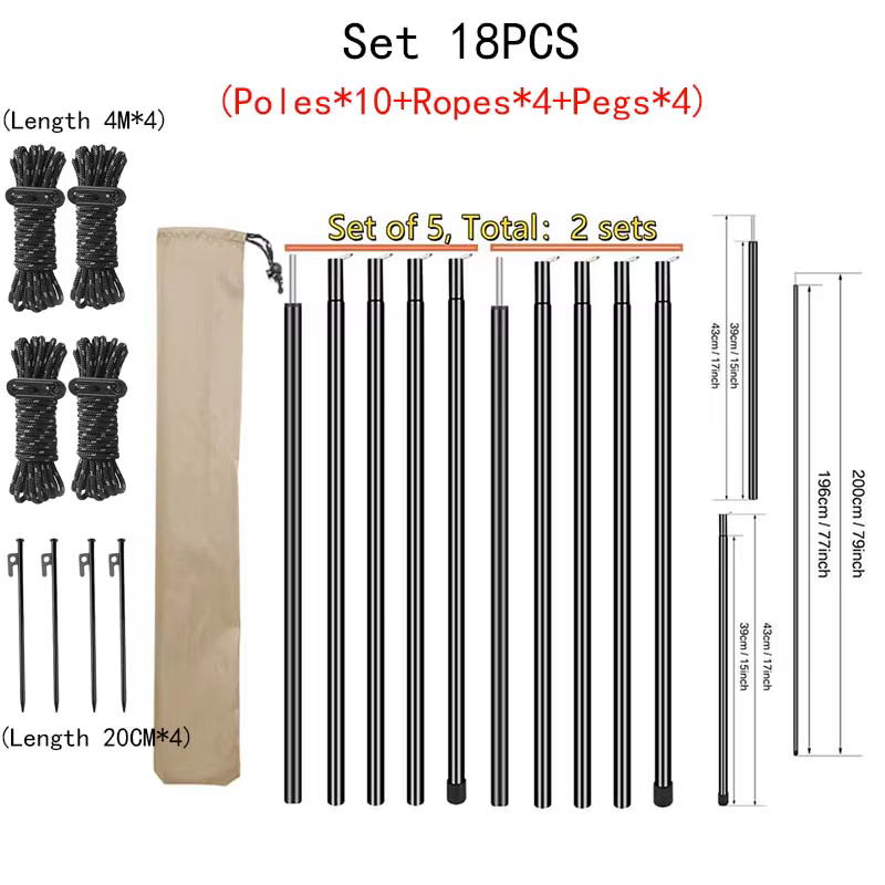 18 pièces/ensemble poteaux de tente poteaux de bâche réglables tiges en acier de 16MM pour abri sola