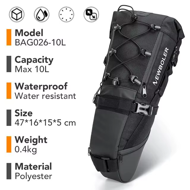 NEWBOLER sac de vélo étanche 10L grande capacité sac de selle de vélo cyclisme pliable queue arrière