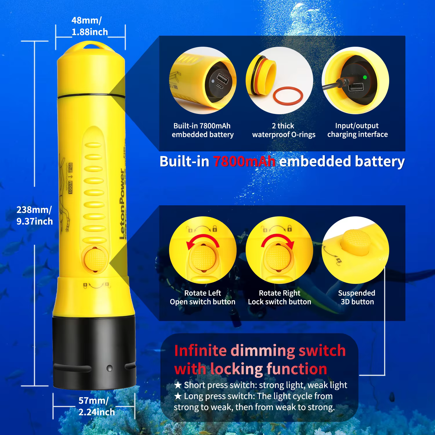 Lampe de poche de plongée 3000LM CERR LED mise au point longue étanche nuit submersible pêche IPX8 e