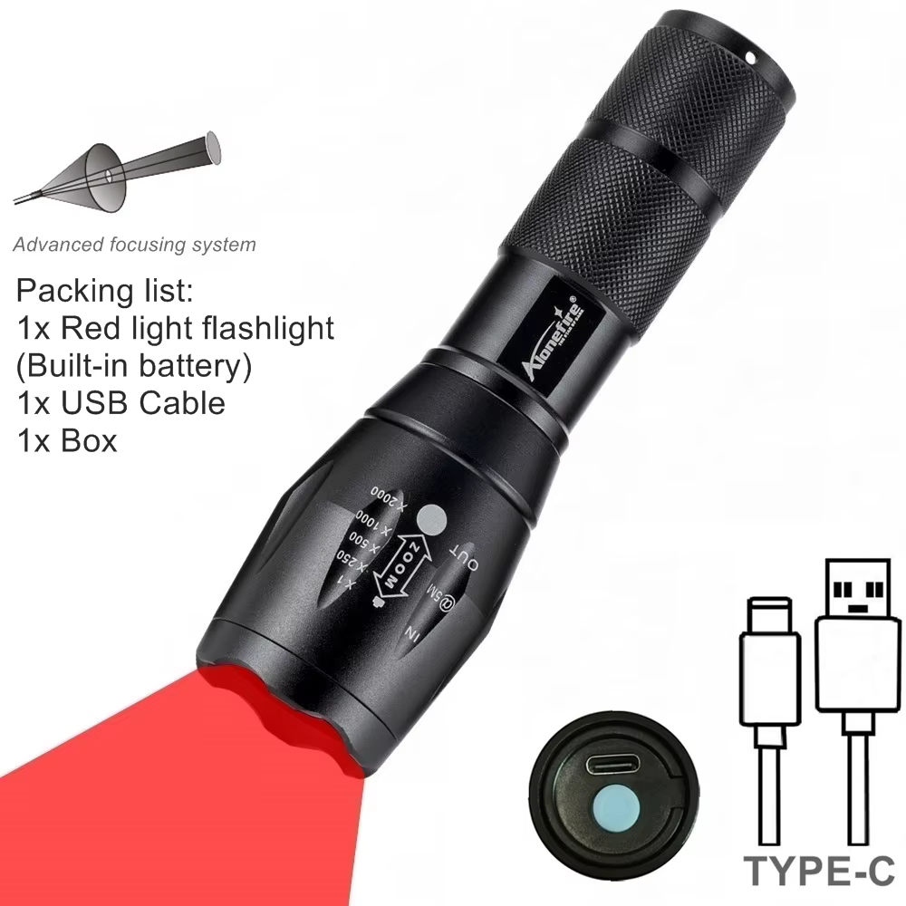Lampe torche LED Zoom à lumière rouge/verte/bleue, rechargeable par USB, pour la chasse, l'apicultur