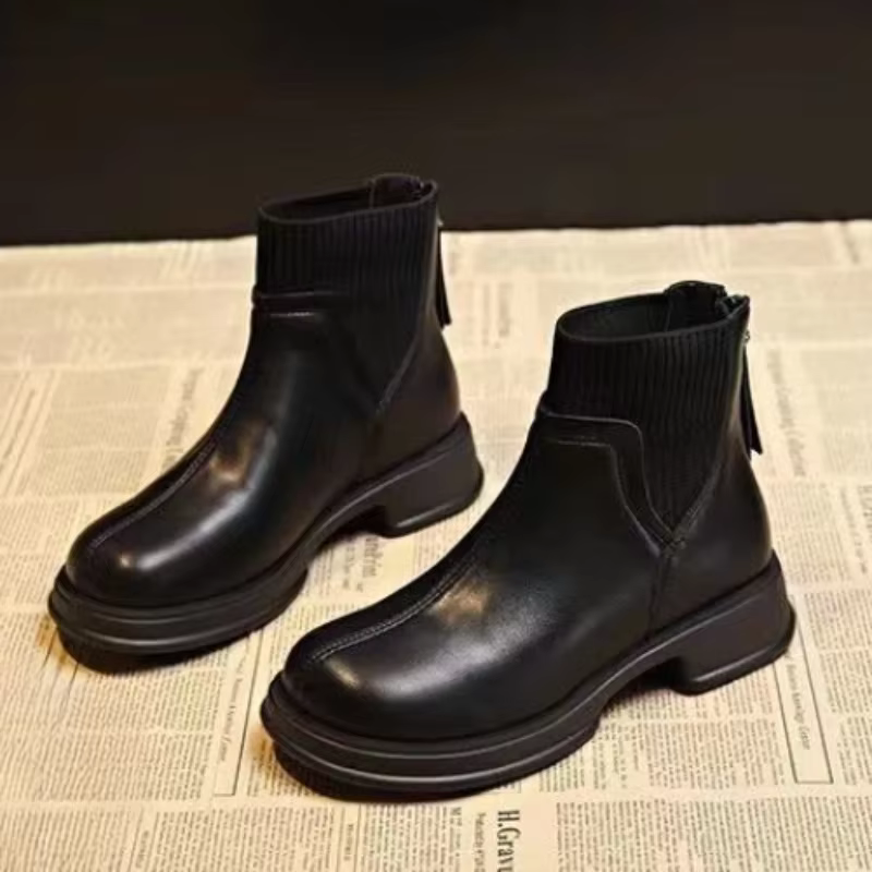 Bottes Courtes Noires en Cuir group pour Femme, Chaussures à Enfiler, Confortables et Plates, 2024