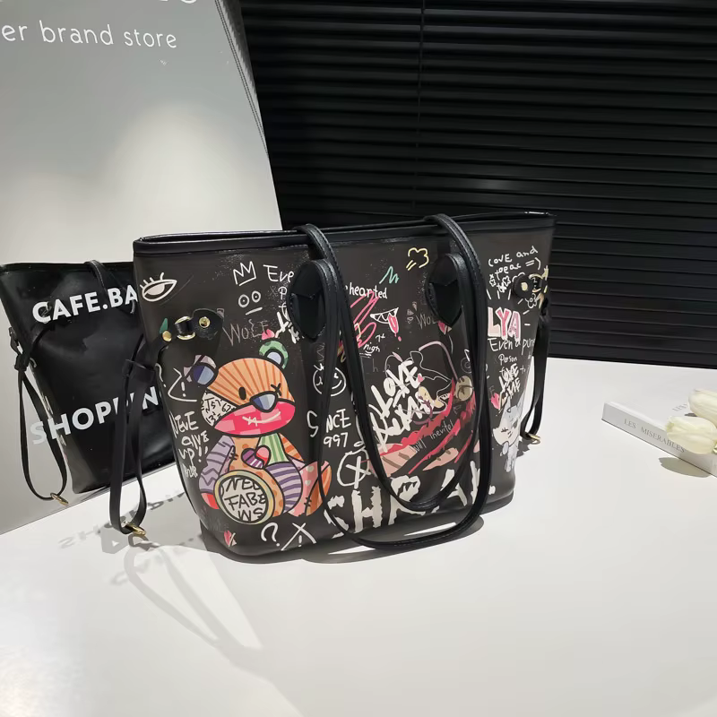 Sac fourre-tout Bear Doodle pour femme – Imprimé graffiti, grande capacité, sac à main polyvalent à 