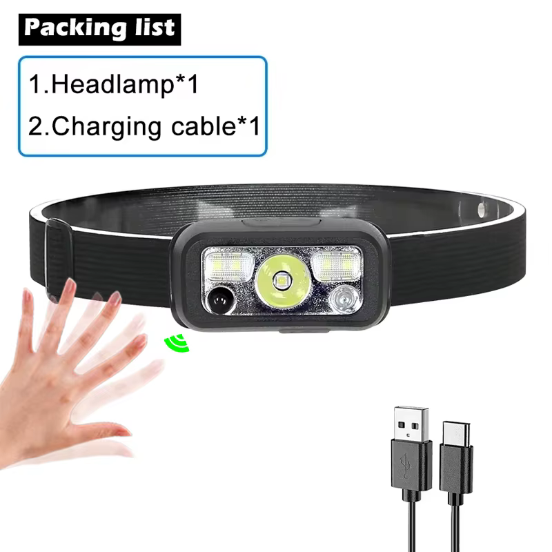 Lampe frontale à Induction COB + lampe de poche LED, batterie intégrée, Rechargeable par USB, étanch