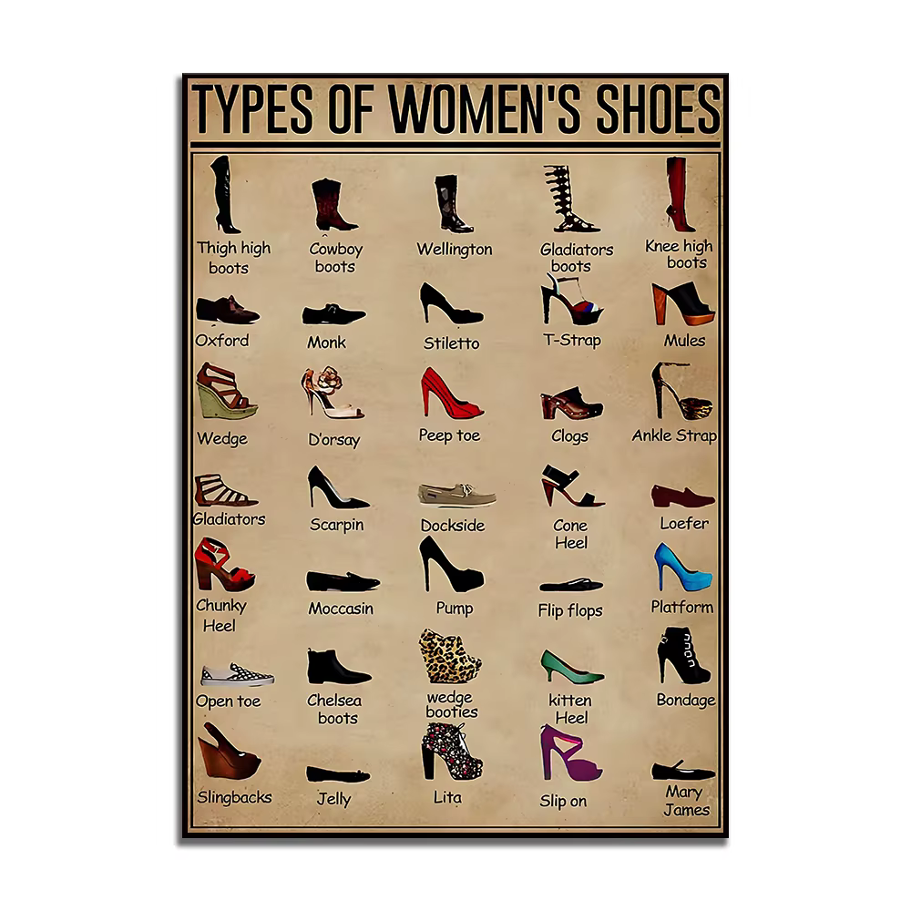 Affiche de Types de chaussures pour femmes, affiche en toile de chaussures pour femmes, peinture Vin