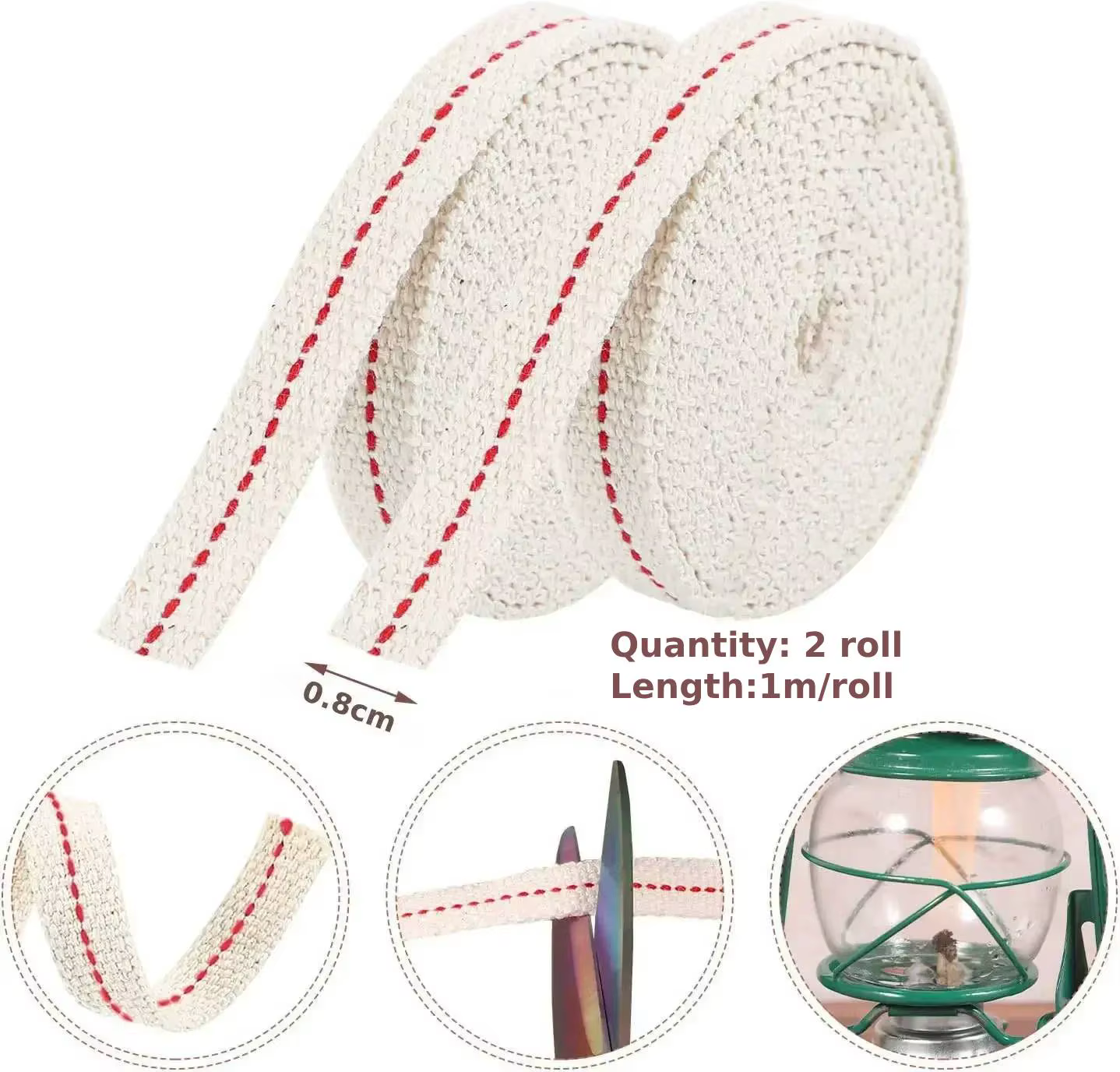 Mèche de lampe à huile en coton, 2 rouleaux de 0.8/1/1.2/2cm, mèche de remplacement pour lanterne à 