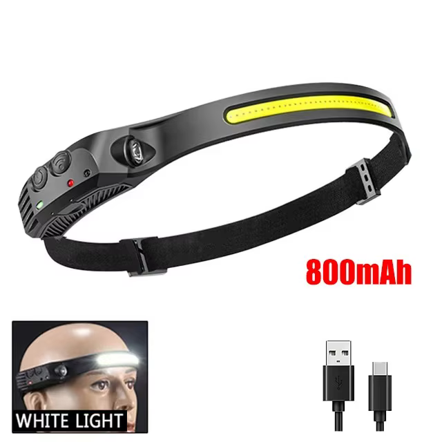 Lampe frontale à induction LED COB rechargeable par USB, avec batterie intégrée de 1200mAh, lampe fr