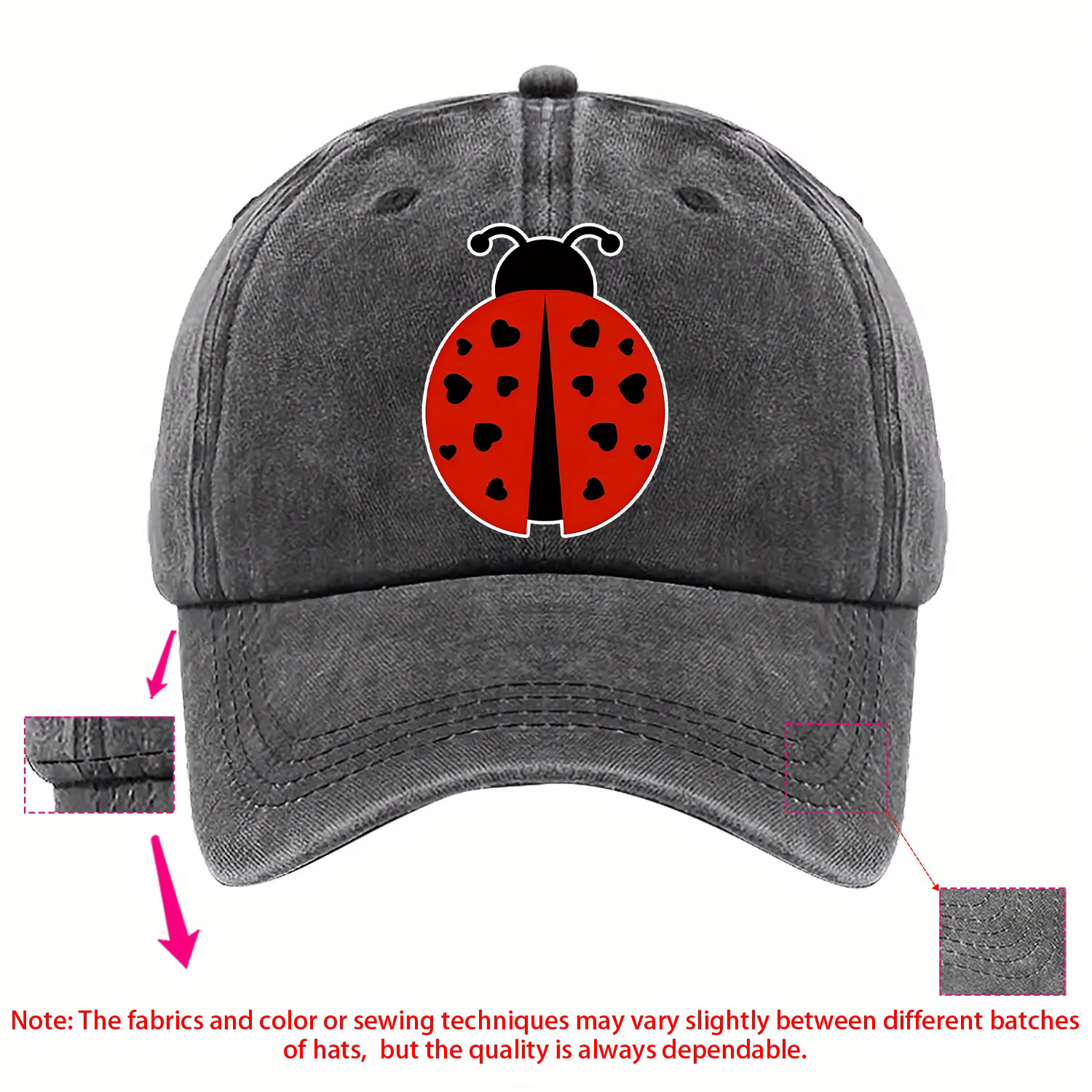 Casquette de baseball imprimée sur le thème de la coccinelle, disponible en plusieurs couleurs avec 