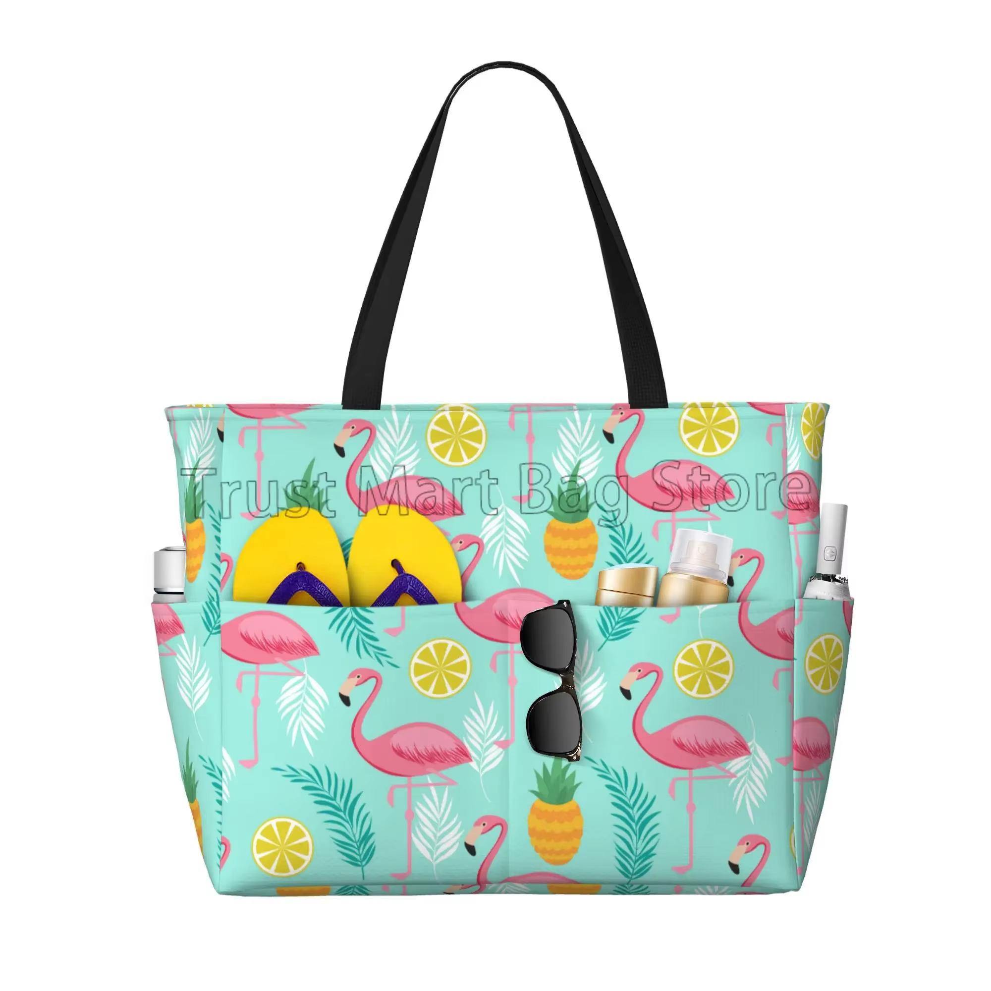 Grand sac fourre-tout de plage imprimé flamant rose pour femmes, sac de voyage Portable, sac de pisc