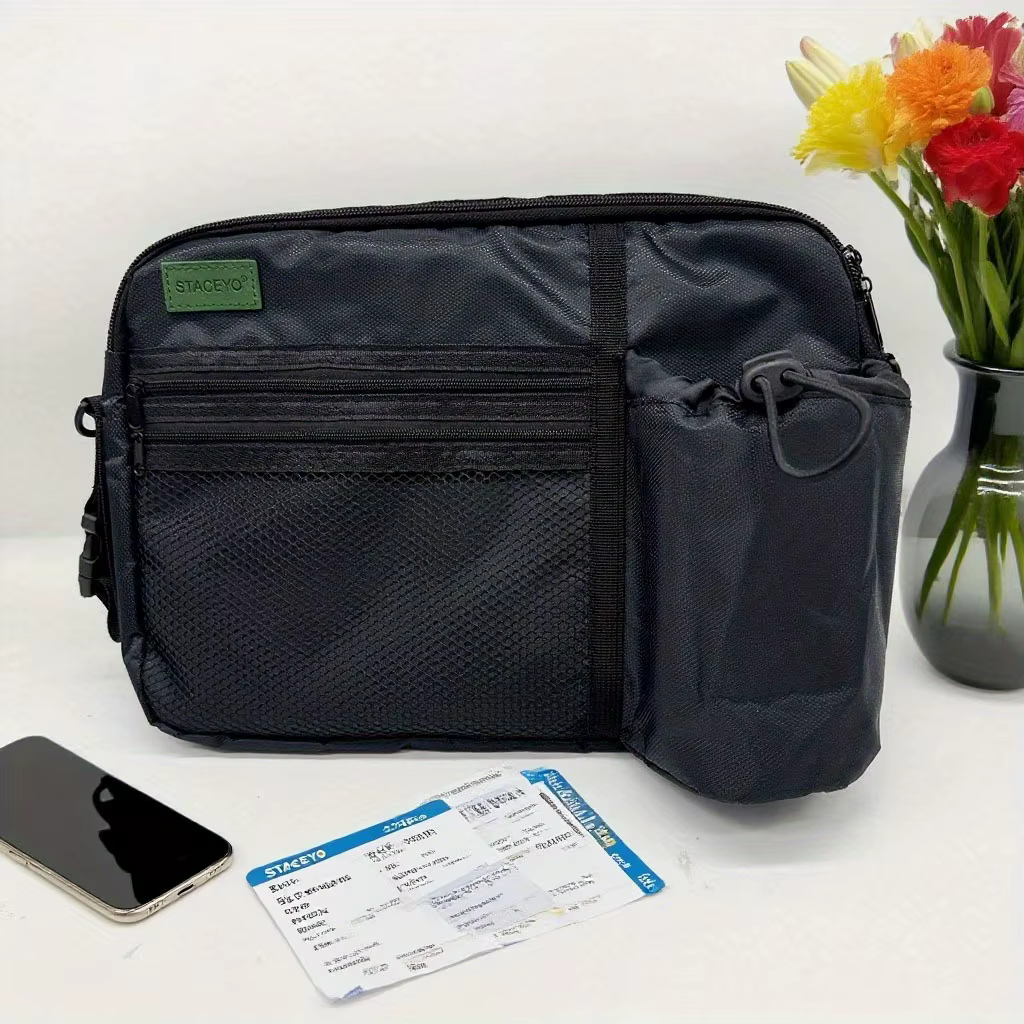 Sac de rangement suspendu pour avion noir, pochette de collation pour téléphone de voyage avec bando