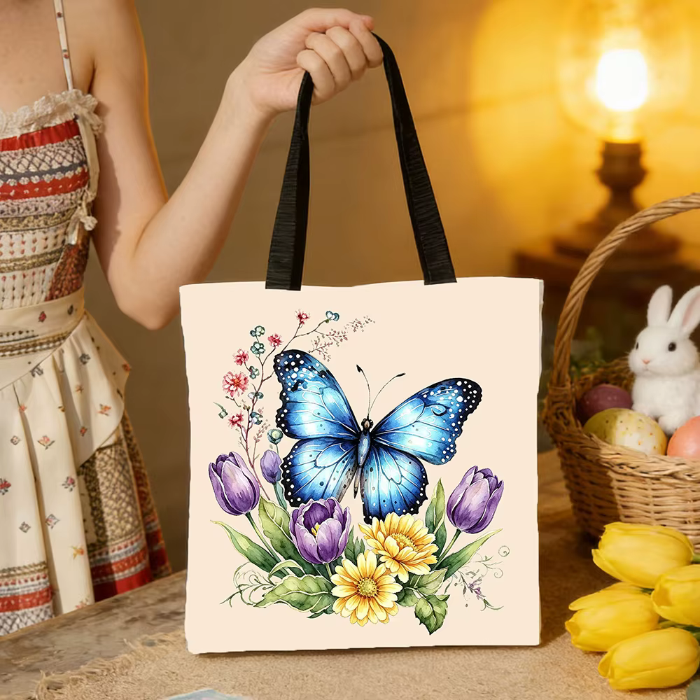 Sac fourre-tout en toile bleu aquarelle avec motif floral de papillons – Imprimé botanique vibrant a