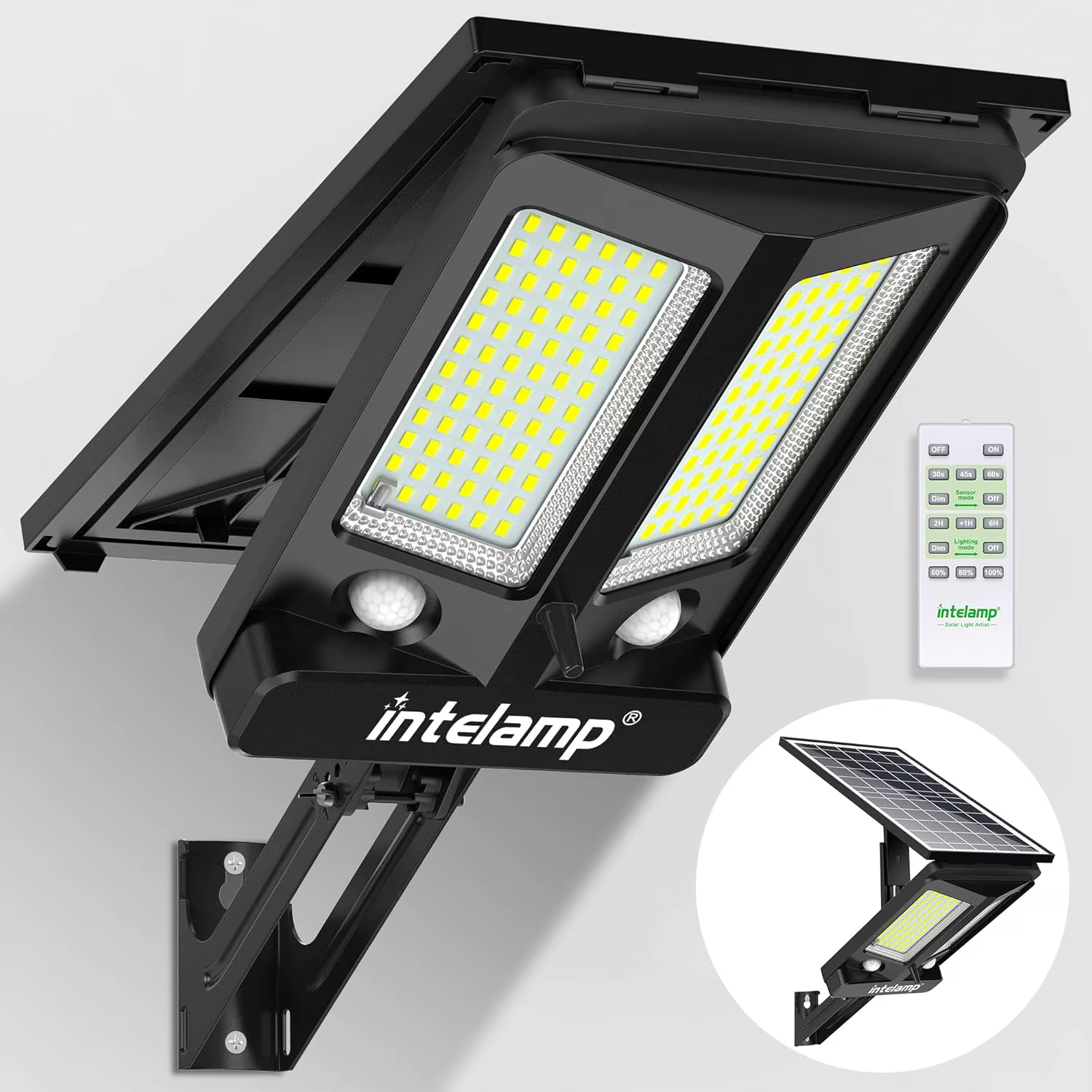 Lampe solaire extérieure Intelamp 12500 mAh 3000 LM avec deux capteurs, grand panneau solaire, éclai