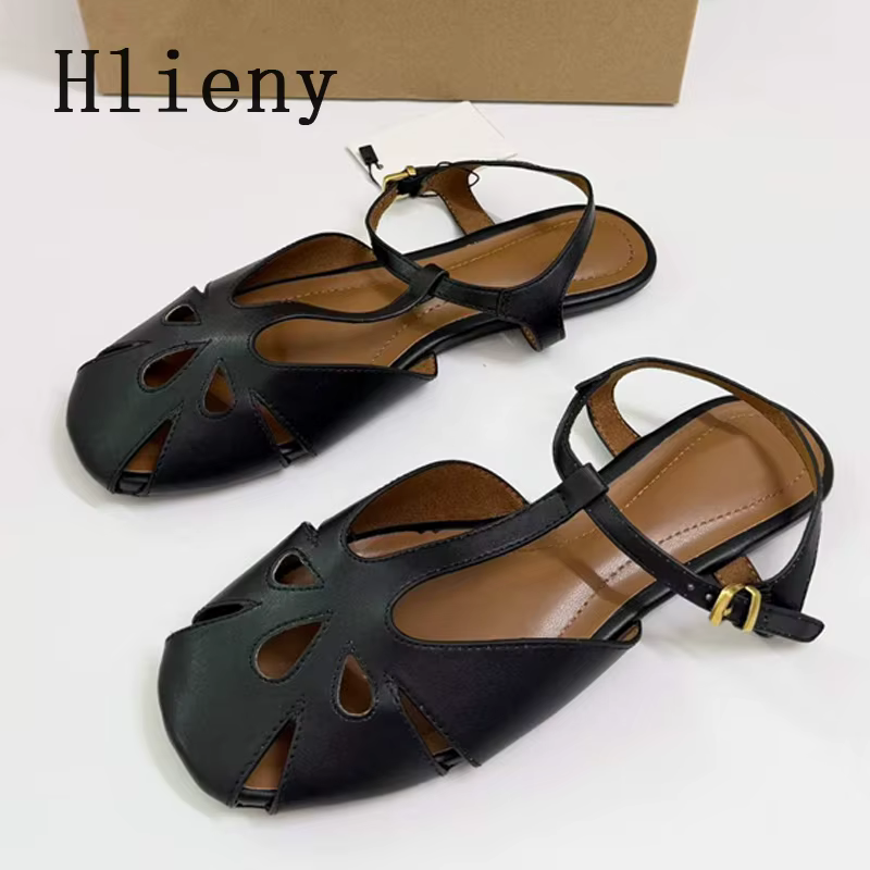 Sandales plates d'été Hlieny pour femmes, respirantes, ajourées, style rétro à bride en T, bout carr