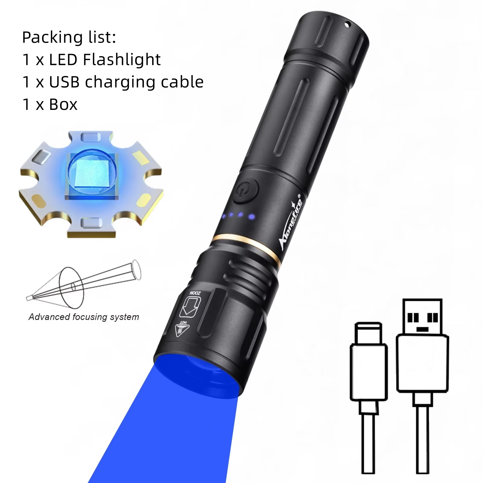 Lampe torche LED Alonefire Zoom haute puissance à lumière bleue, rechargeable par USB, en aluminium,
